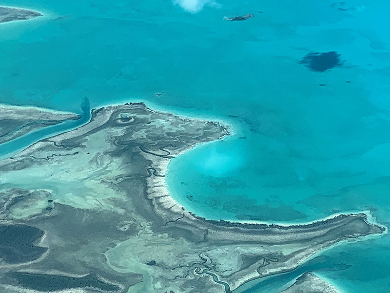 The spectacular waters of the Bahamas as seen from the plane.